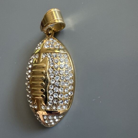 Football Pendant Chain Stainless Steel Super Bowl Gift Men’s Cubic Zirconia Gold - Picture 2 of 6